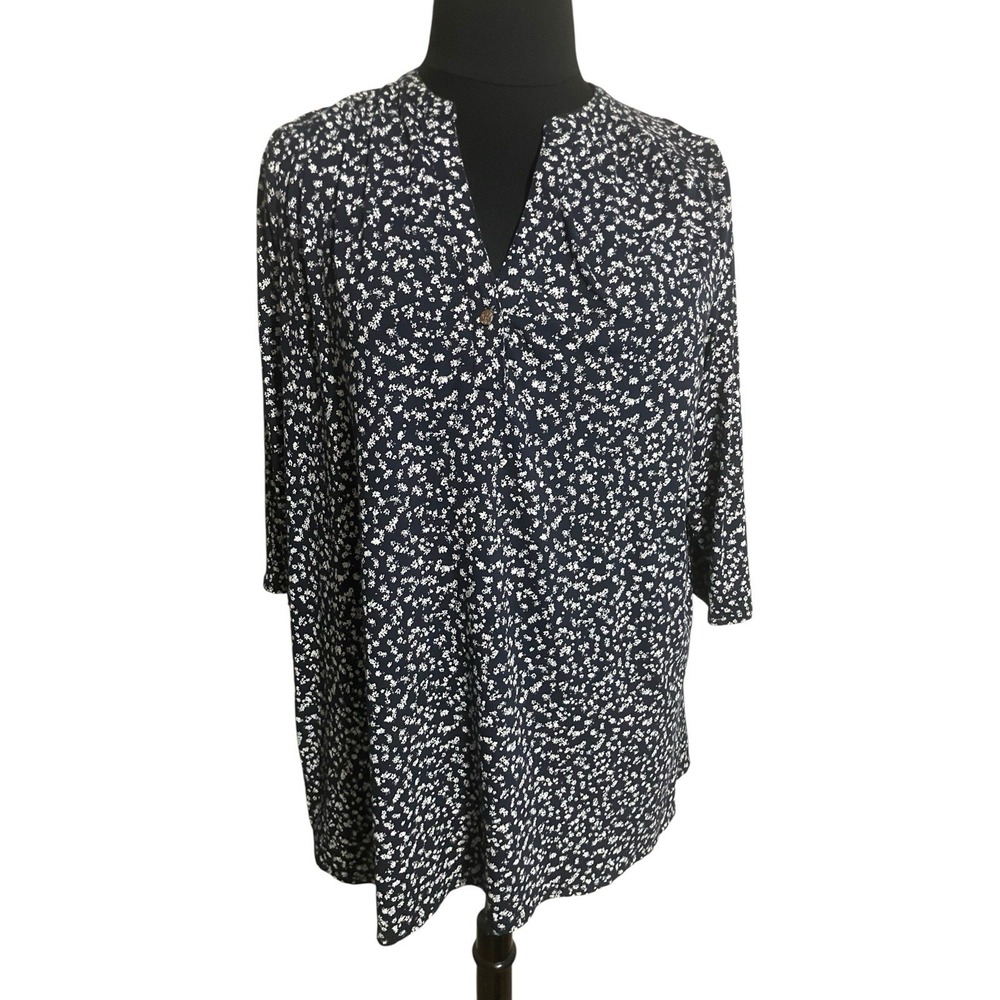 J.Jill Wearever Ditsy Floral Navy 3/4Sleeve Relaxed Fit Tunic Top Blouse XL Tall